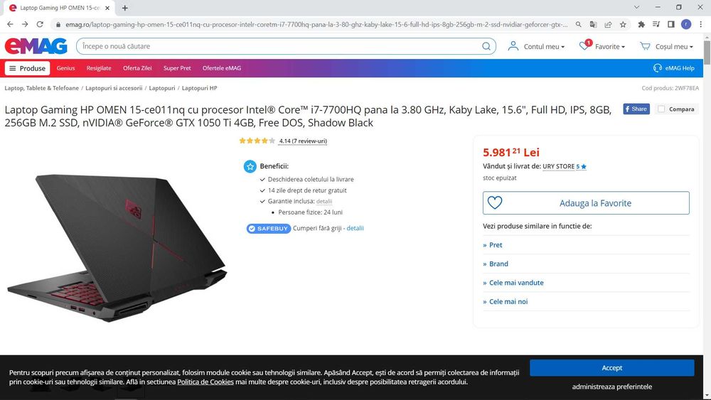 laptop gaming Nou HP Omen ,intel core- i7-, video NVIDIA, ram 16 gb