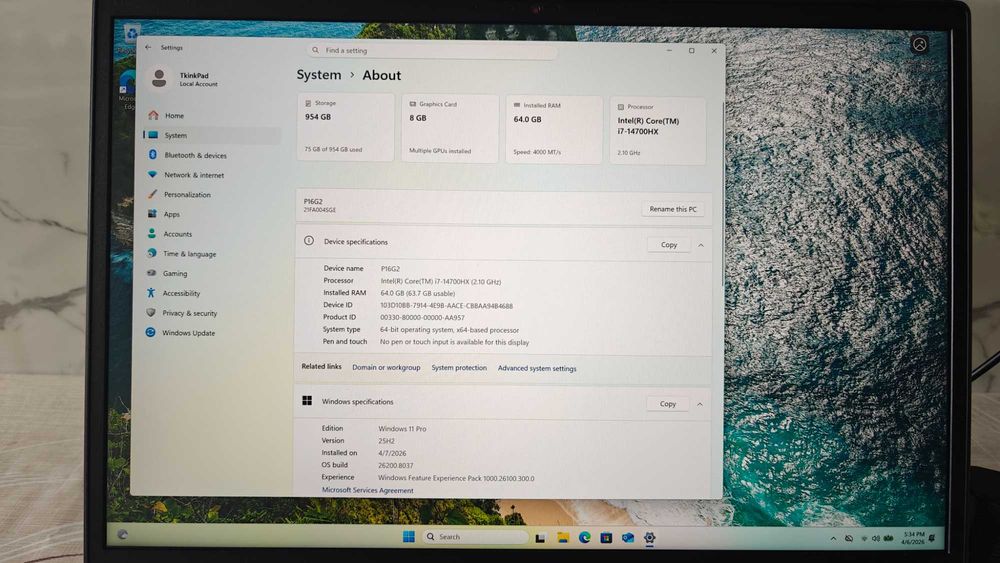 Laptop i7 64GB RTX Ada Workstation ThinkPad P16 Gen 2 1TB