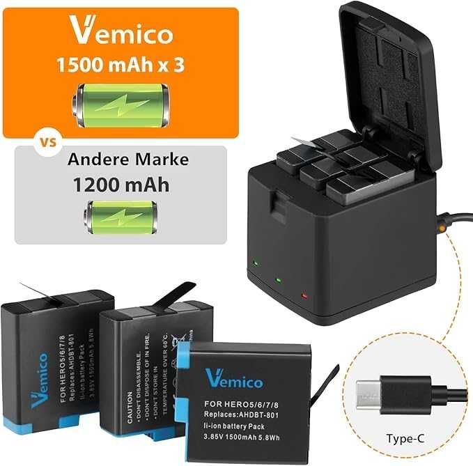 Комплект зарядни устройства Vemico Hero 8 и  3 броя батерии, 1500 mAh