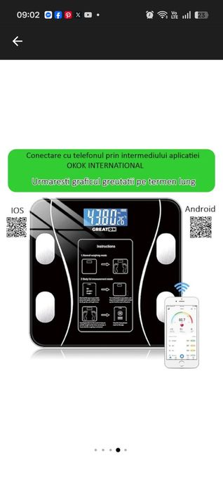 Интелигентна цифрова телесна везна за баня, Bluetooth връзка, LCD дисплей, максимално тегло 180 KG, индекс на телесна маса, черен