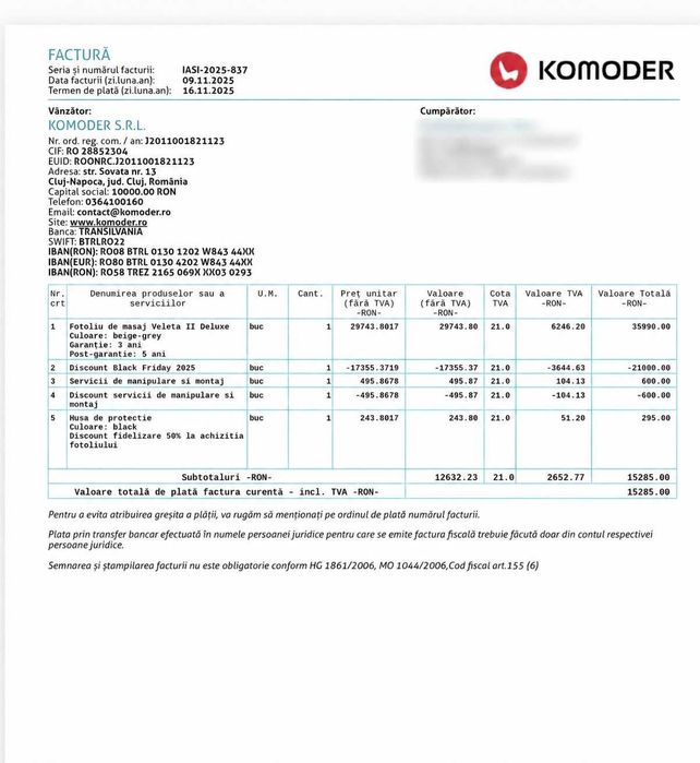 Fotoliu de masaj KOMODER VELETA II DELUXE 4D, varianta PREMIUM