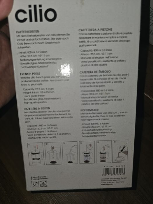 Cafetiera NOUĂ cu piston Cilio Mariella, pentru 3 cesti, negru