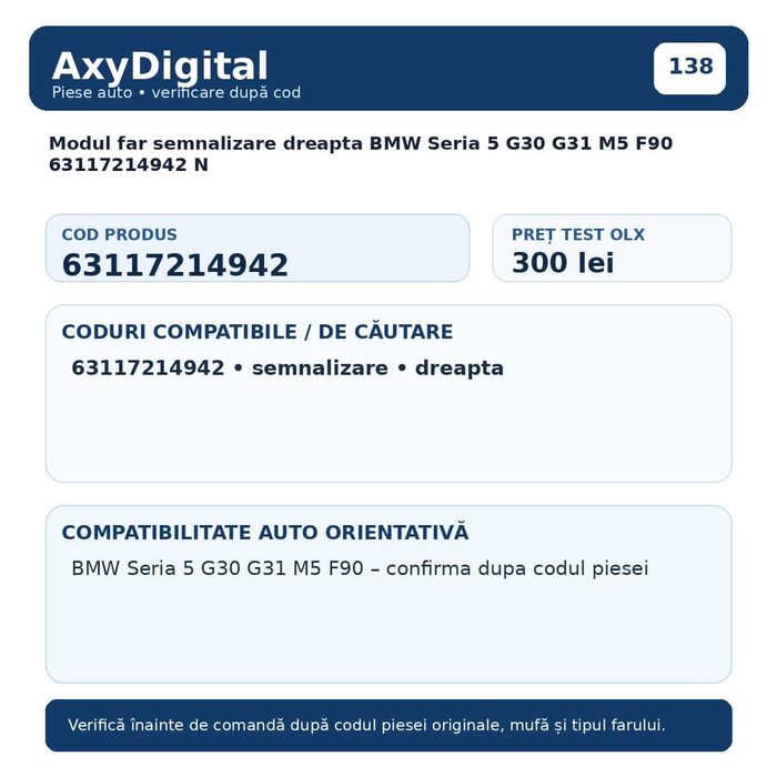 Modul far semnalizare dreapta BMW Seria 5 G30 G31 M5 F90 63117214942 N