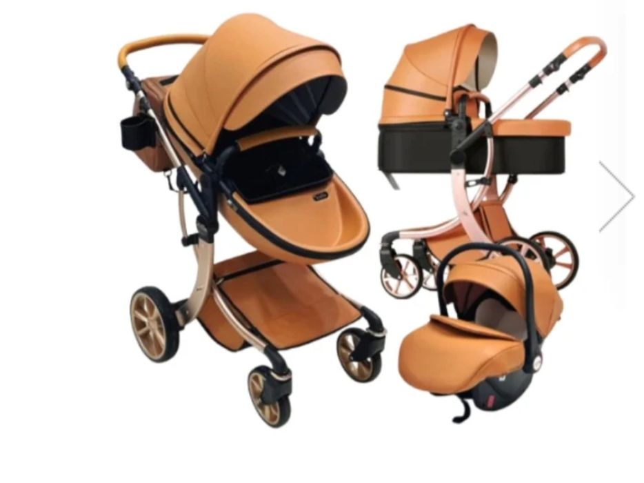 Căruț bebe 3in1 maro-portocaliu  piele