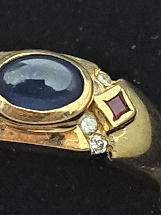 Inel 14 k Safir albastru+Diamante naturale+ Rubin