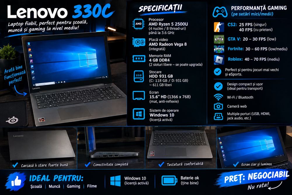 Laptop lenovo, duce in mare parte orice joc in fps ok