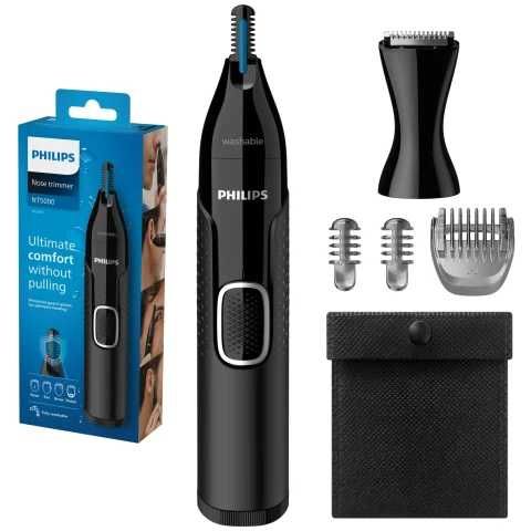 Trimmer pentru nas/urechi Philips NT5650/16, baterie, lavabil, utilizare umed si suscat, tehnologie Precision Trim, otel inoxidabil, piepteni, etc