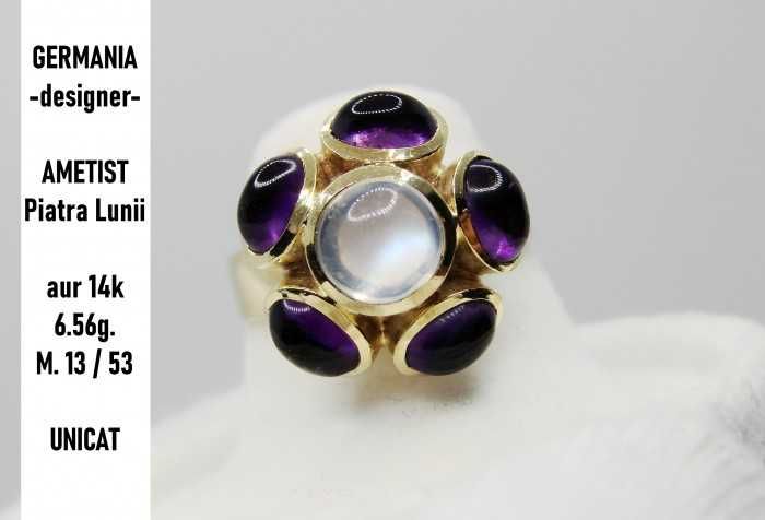 Inel Aur 14K Cu Ametist Piatra Lunii floral  Unicat