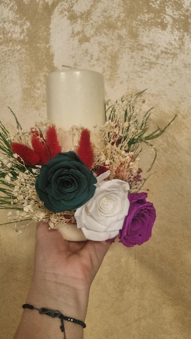 Lumanare  botez cu flori naturale conservate