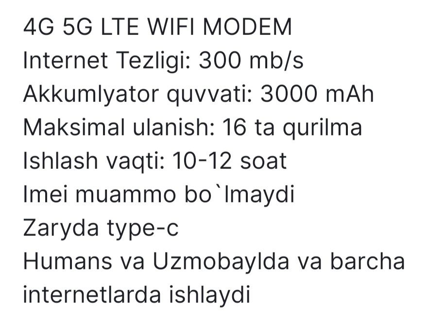 Modem 4G, 5G, LTE, Wi-Fi, CHO'NTAK ROUTER,SIM KARTALI,Карманный роутер