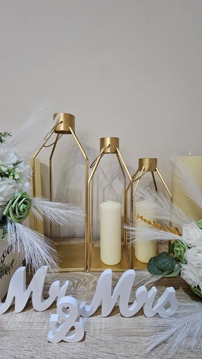 Сватбена украса в златно, зелено и бяло