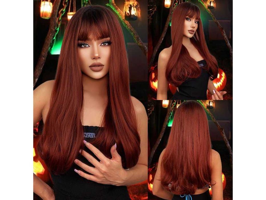 60 см омбре права перука с бретон в червеникаво-кафяв цвят