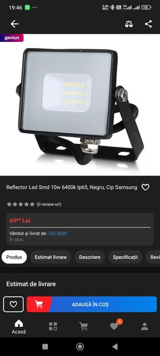 Reflector LED 10W, IP65, 6400k alb rece, 800 lm, V-TAC, cip samsung