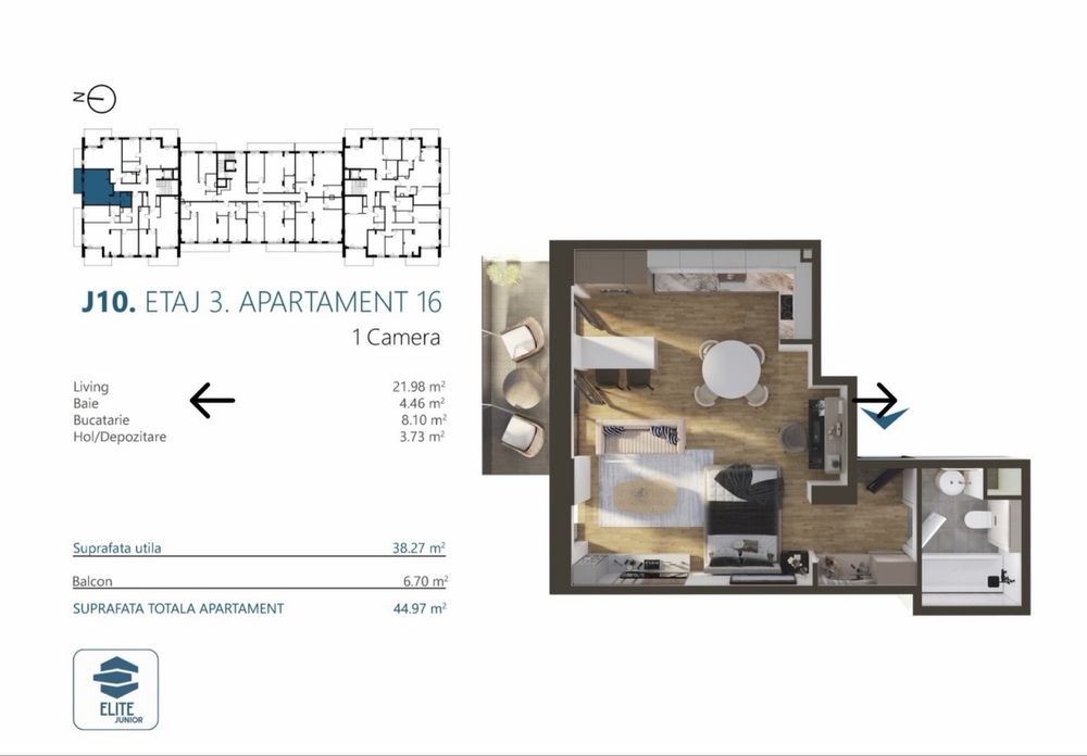 Pf vand apartament cu o camera, etaj intermediar, in Elite Junior