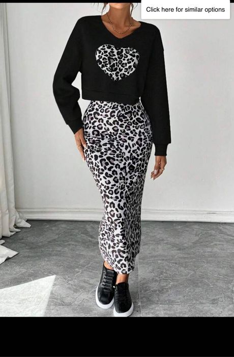 Елегантен комплект от 2 части дамски суичър и рокля с леопардови сърца