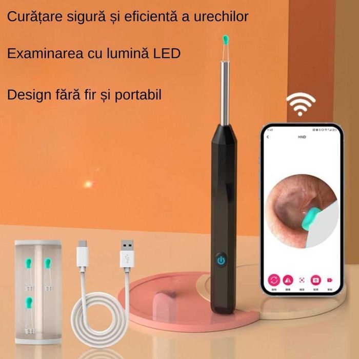 Aparat pentru curatat urechile, Endoscop cu camera, wireless, Negru
