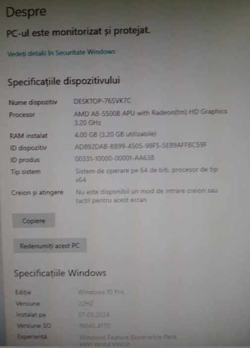 Unitate Calculator HP AMD A8 4GB DDR3 SSD 120GB WINDOWS 10PRO