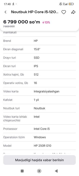 Noutbuk sotiladi HP yangı holatdagi