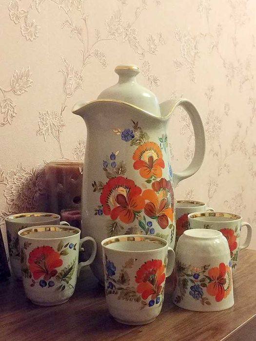 Новый большой кувшин с крышкой и 6 бокалов Барановка. Ручная роспись