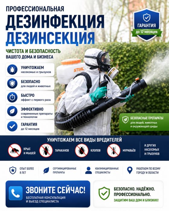 Дезинфекция дезинсекция клоп таракан мышь насеком муравей дератизация