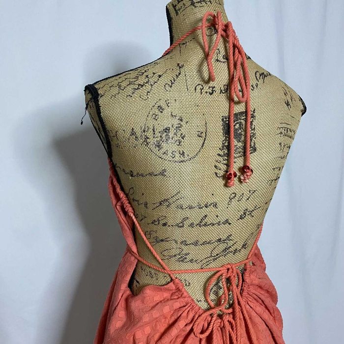 Free People Boho Maxi Dress S Coral V Neck Tie Back Textured Gathered Used