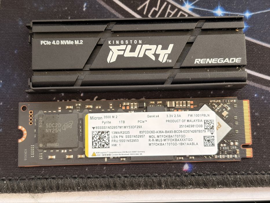 Супер бърз SSD NVMe PCIe 4 Micron 3500 NVMe 1TB M.2 SSD 7100 MB/s OEM + охладител Kingston Fury Renegade