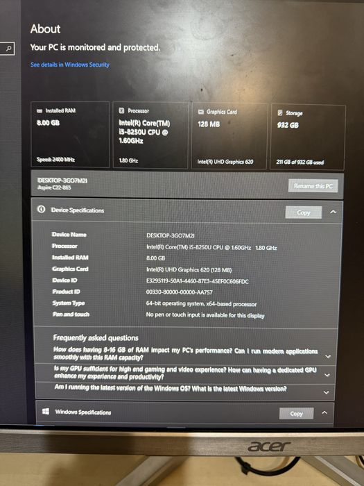 Рабочий Monitor Acer 10-11 windows