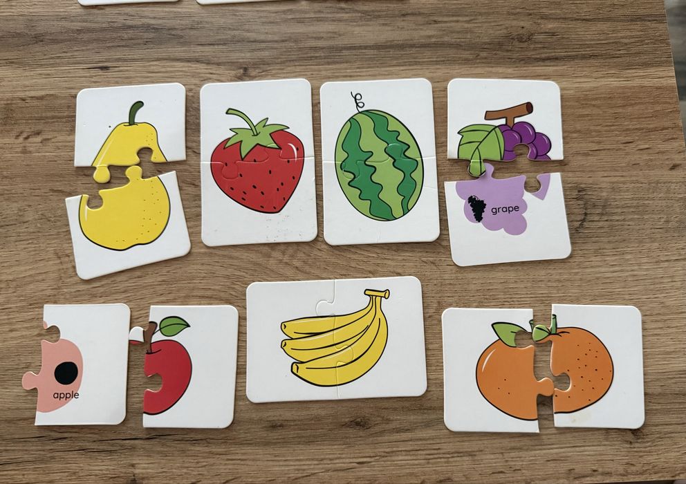 Puzzle din 2 piese cu animale, fructe si legume