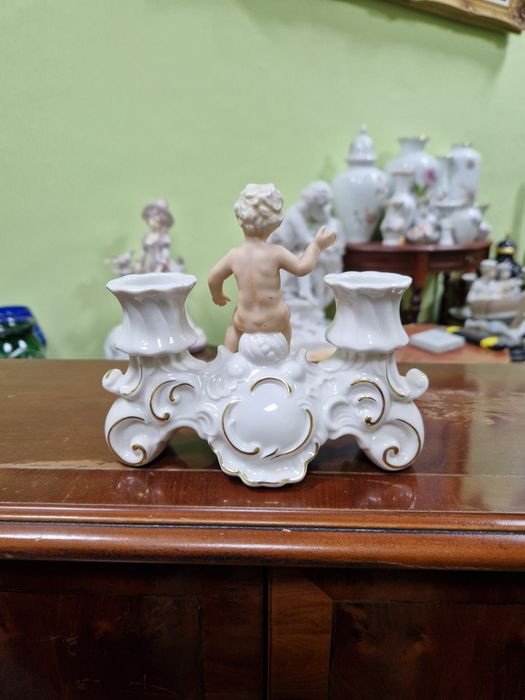 Рядък уникален антикварен порцеланов свещник Schau bach kunst