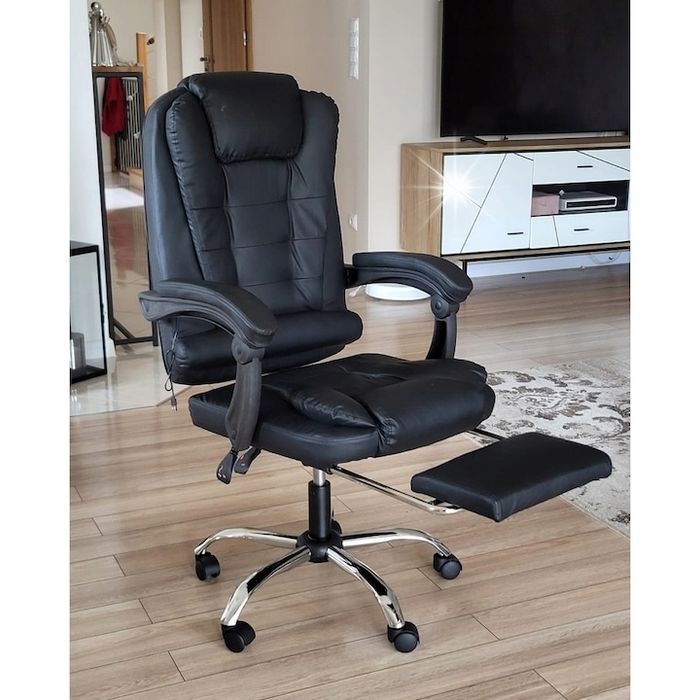 Ергономичен офис стол, функция люлка, поставка за крака, черен