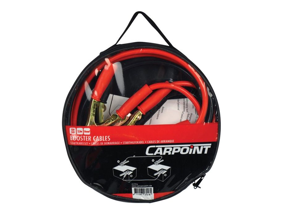 Cabluri transfer curent baterii Carpoint 16mm2, 2.3 m, pentru 12V si 24V, cu clesti metalici si manere izolate