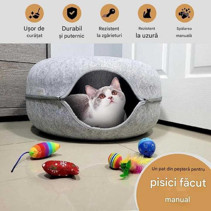 Pat tunel pentru pisici forma rotunda pentru joaca si somn 50x20 cm