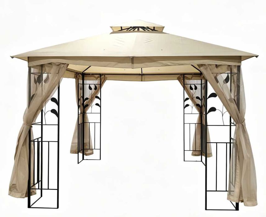 Foișor Grădină Cort 3×3 m din Oțel cu Pereți Laterali și Acoperiș Textil – Gazebo Exterior Bej | Model YS-1201