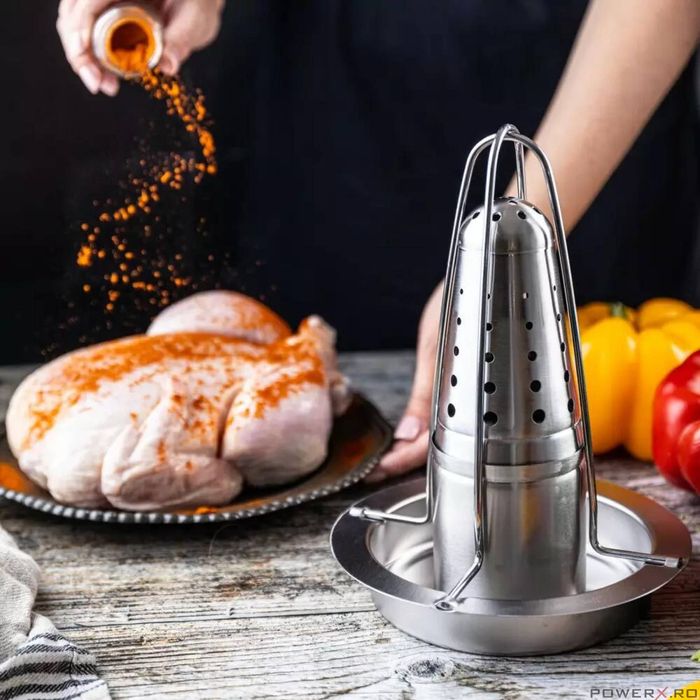 Suport vertical pentru gatit pui intreg la cuptor, cu recipient pentu
