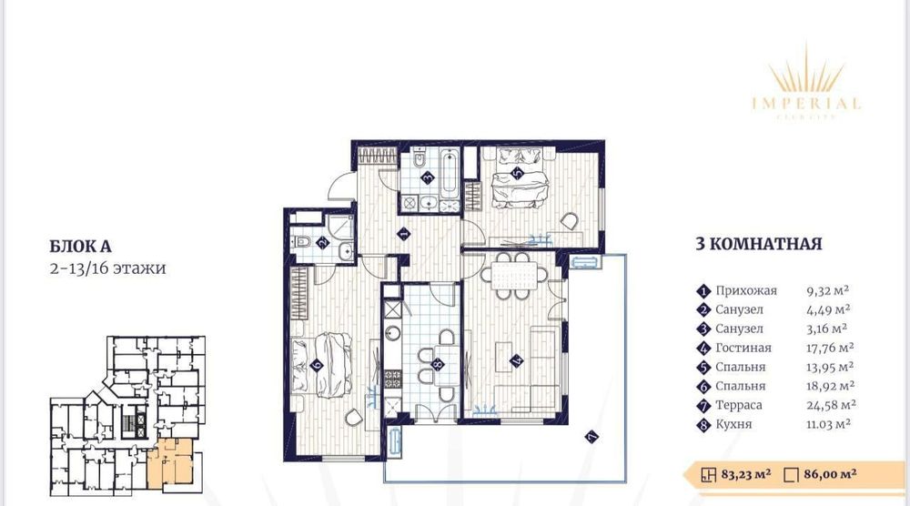 ЖК Imperial Club City 3 ком, 90 м2. Ор-р: Алайский рынок, метро Минор