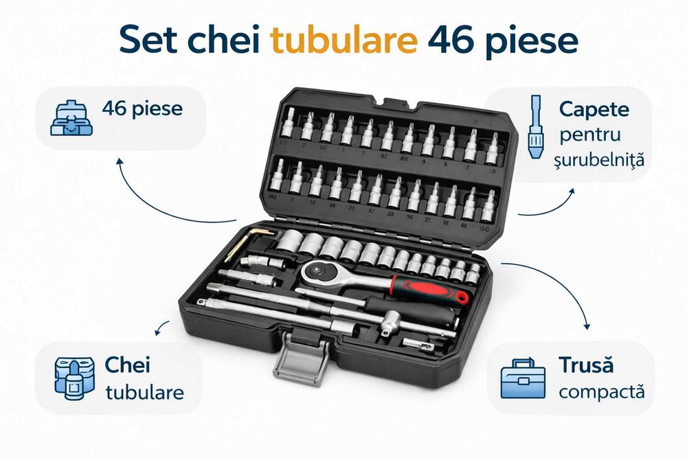 Set Chei Tubulare 46 Piese Royal Kraft – Profesional, Compact, Complet