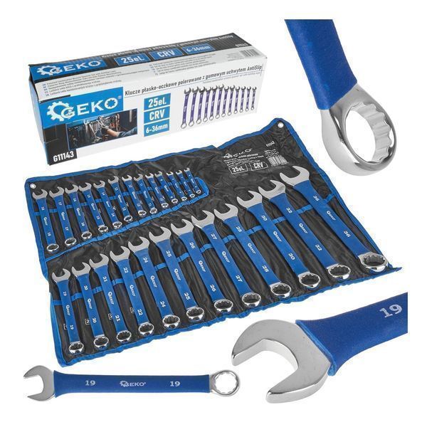 Комплект 25 комбинирани гаечни ключа с дръжка с гумено покритие, 6-36