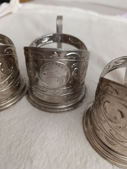 Set 4 suporturi pahar ceai Podstakannik argintate, URSS 1967 – Hidrocentrala Zaporojie / DniproHES
