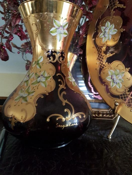 Vaza și fructiera MURANO pictate manual si cu foita aur 24K, semnate