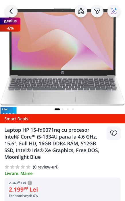 Laptop HP 15-fd0071nq – i5 Gen 13, 16GB RAM, SSD 512GB NOU