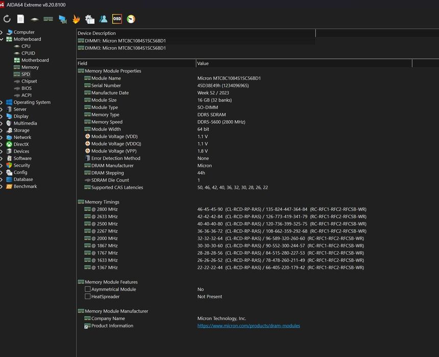 Памет 32GB (2x16GB) DDR5 5600MHz Micron – MTC8C1084S1SC56BD1 SODIMM