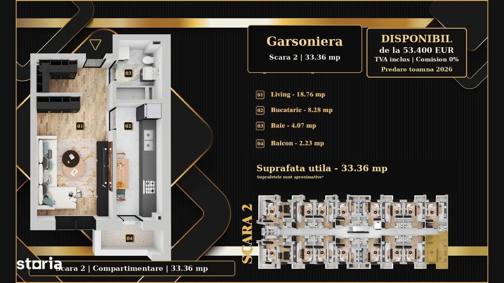Nu rata! Garsoniera 33,36mp, 53.400€, TVA inclus, direct dezvoltator