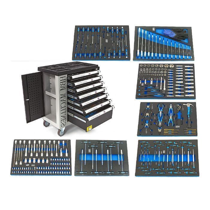 Dulap scule profesional hbm cu 7 sertare, 262 piese, 7 module carbon -