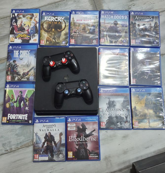 Playstation 4 slim 1 TB + 2 джойстика + 5 игри
