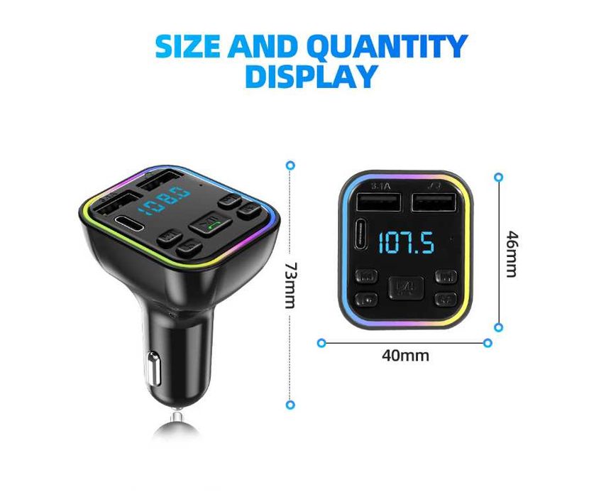 FM трансмитер Bluetooth с LED дисплей 2x USB и Type-C 3.1A