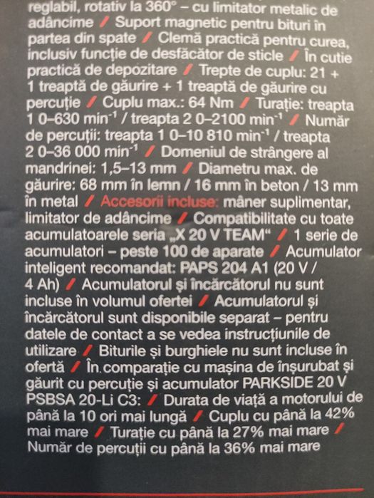 Bormasina cu percutie 64 Nm Parkside Performance pe acumulator de 20 V