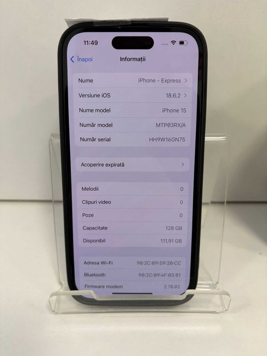 Iphone 15 128Gb 91% bateria (Ag1 Alexandru B53733) 2 ani garantie