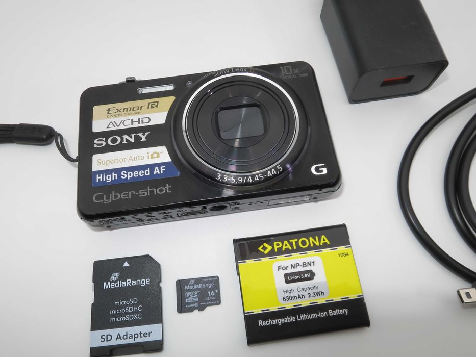 Sony Cyber Shot WX100 ултра компактен цифров фотоапара, дигитална камера в черен цвят, FULL-HD, 10x оптичен зум, 16MP, пълен комплект, работи отлично
