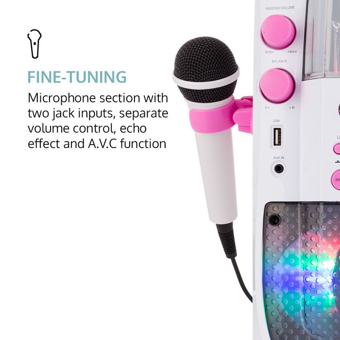 Караоке, светлинно шоу, воден фонтан, bluetooth, бяло / роз