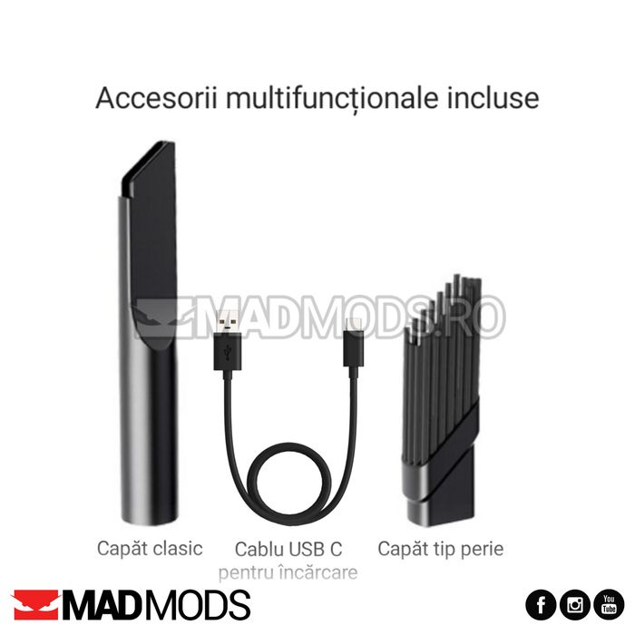 Aspirator auto portabil 2in1, fara fir, cu acumulator incorporat